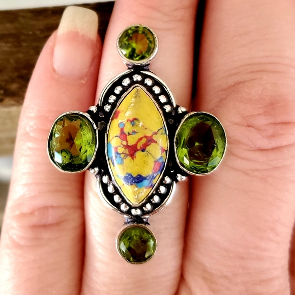 New Unique Mosaic Jasper and Peridot 925 Silver Ring. - Picture 1 of 8
